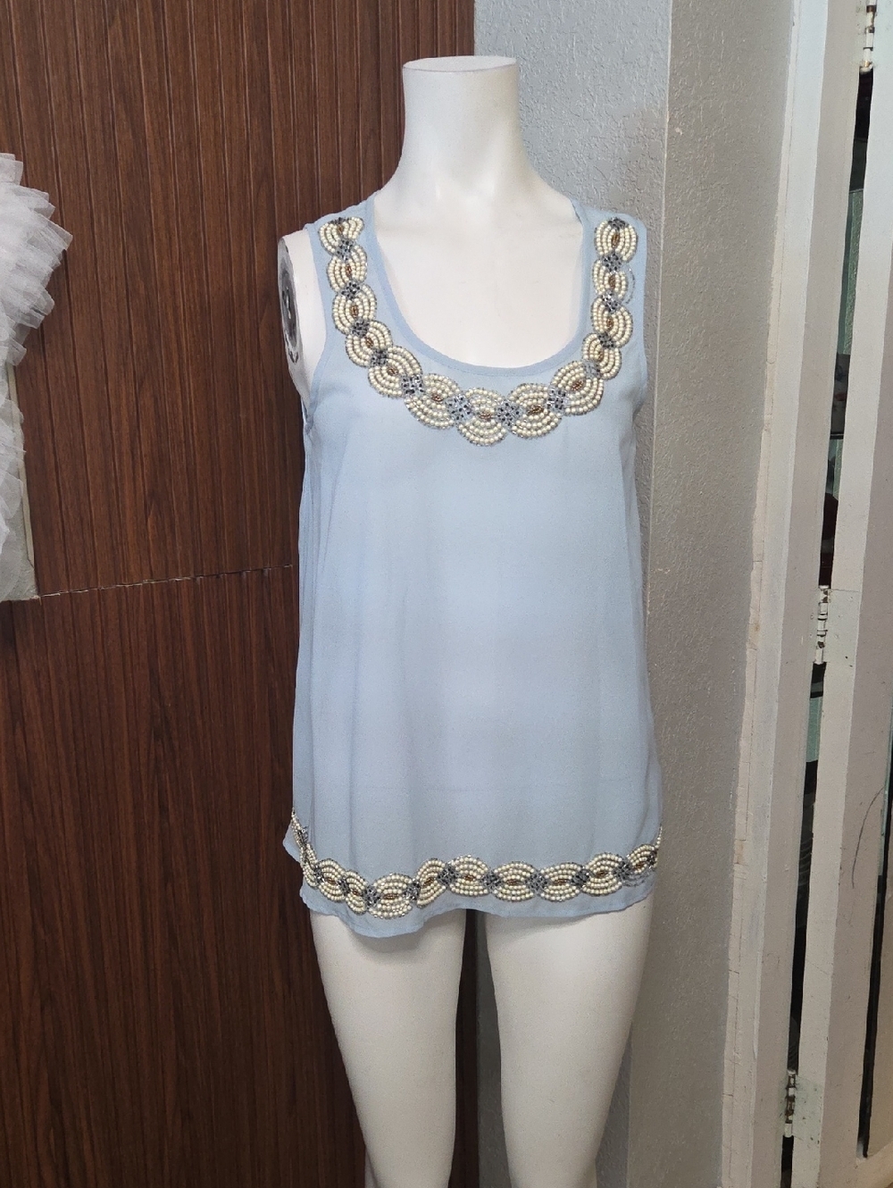 Philosophy Light Blue Beaded Neckline Chiffon Blouse Small Sz [1254]